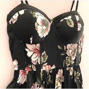 Band of Gypsies Floral Print Dress Black Pink White Bustier Sundress L Sweethear